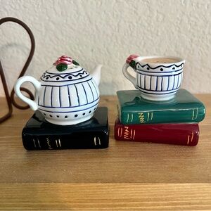 Vintage Clay Art Salt and Pepper Shakers Tea Pot and Tea Cup on Books Ceramic